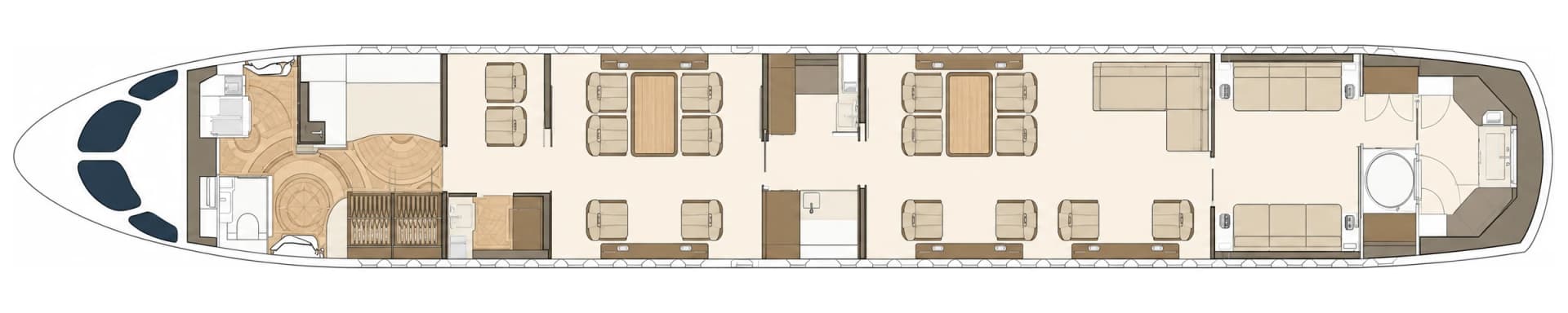 Airbus ACJ TwoTwenty 9H-220CJ cabin floor plan, seating configuration: forward galley and lavatory, two executive areas each with club-four and club-two seating, lounge with L-shaped divan, aft private lounge with two facing divans and ensuite bathroom with shower