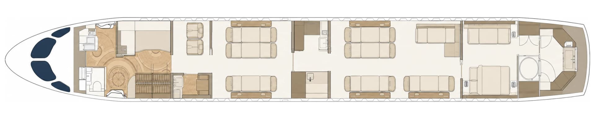 Airbus ACJ TwoTwenty 9H-220CJ cabin floor plan, sleeping configuration: club seats and divans converted to flat beds through both executive areas and the aft lounge
