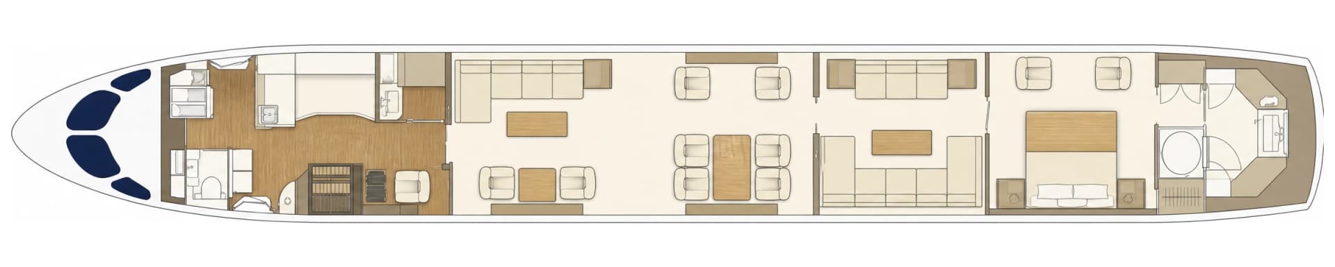 Airbus ACJ TwoTwenty 9H-818TG cabin floor plan, seating configuration: forward galley and lavatory, executive area with club-four and two club-two seating groups, lounge with L-shaped divan, aft private lounge with two facing divans, master suite with king bed and ensuite bathroom with shower