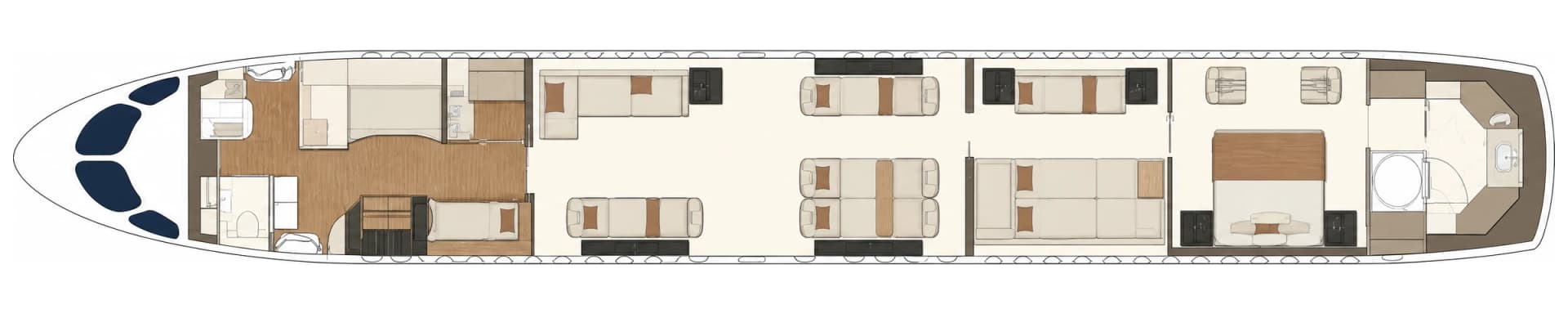 Airbus ACJ TwoTwenty 9H-818TG cabin floor plan, sleeping configuration: club seats converted to flat beds, aft-lounge divan converted to a double bed, king bed in the master suite
