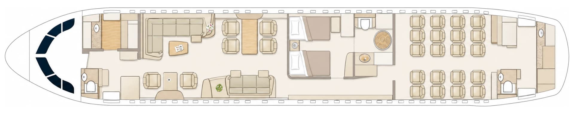 Airbus ACJ319 9H-LIV cabin floor plan, seating configuration: forward galley and lavatory, lounge with divans and dining table, private bedroom with bathroom, aft entourage area with rows of seats