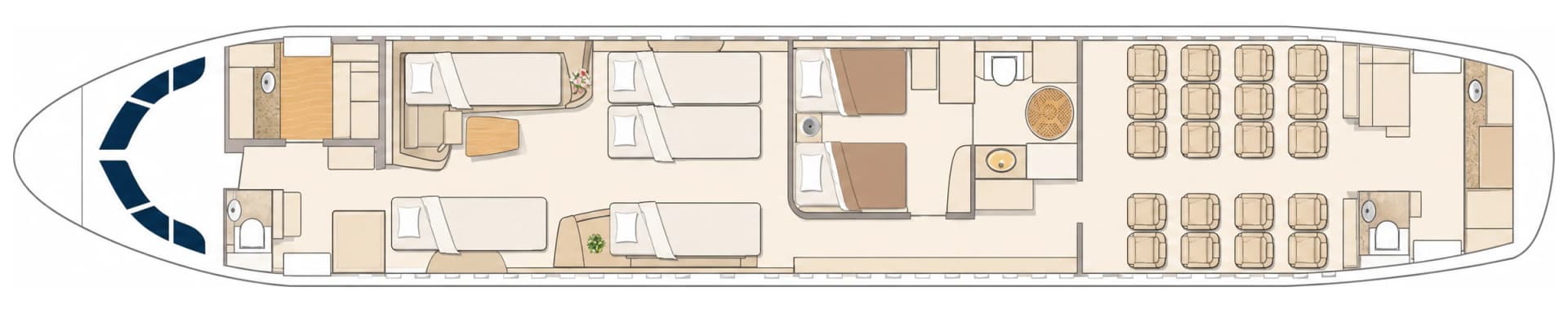 Airbus ACJ319 9H-LIV cabin floor plan, sleeping configuration: lounge divans converted to flat beds, two full-flat beds in the private bedroom, aft entourage seating