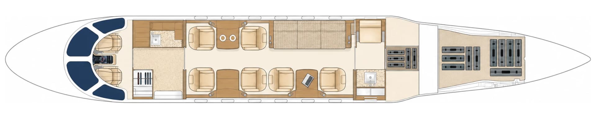 Embraer Praetor 600 UP-EM022 cabin floor plan, seating configuration: forward galley and lavatory, club seating with tables, three-place divan, aft seats, aft lavatory and baggage compartment