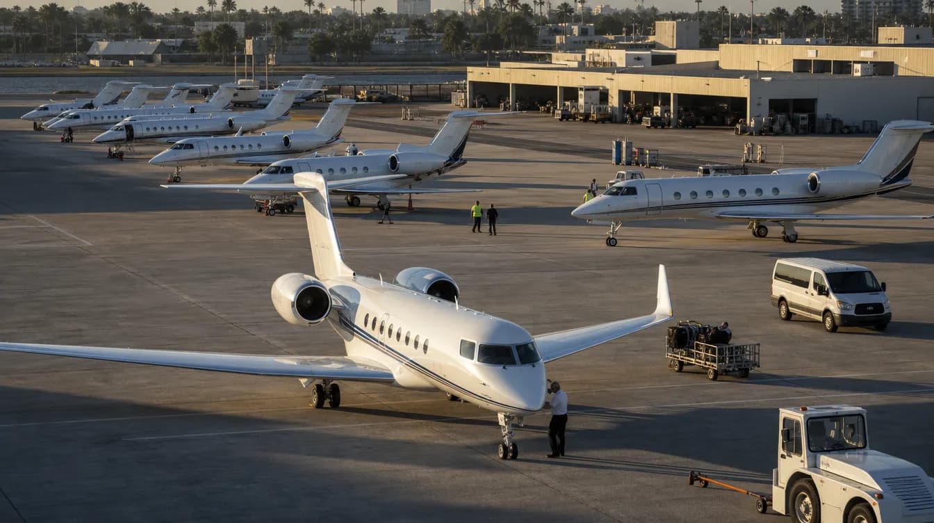 Private jets and ground crew spread across a sunlit FBO apron with palm trees behind the terminal