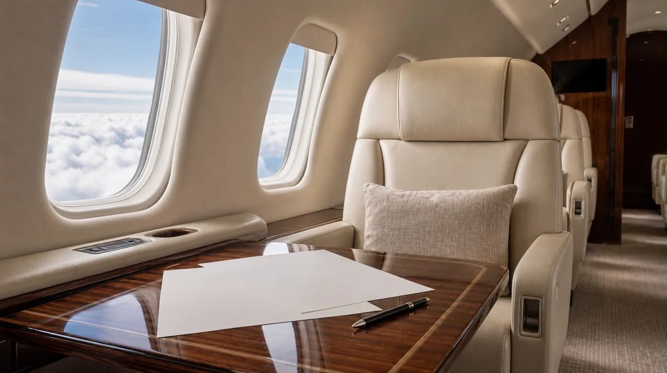 Blank charter quote sheet and pen on a polished table beside a cream leather seat in a private jet cabin
