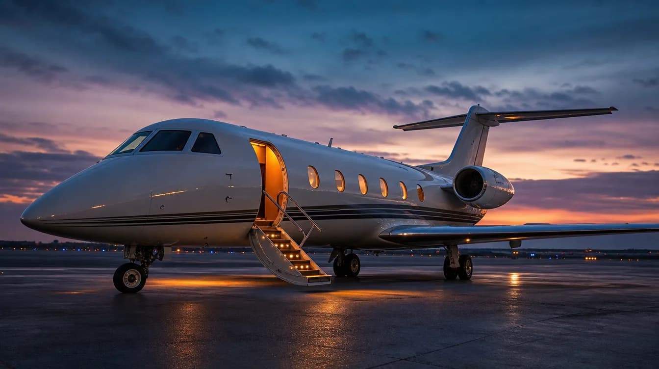 Private jet waiting at dusk with airstairs down and cabin lights on — an empty leg ready to reposition