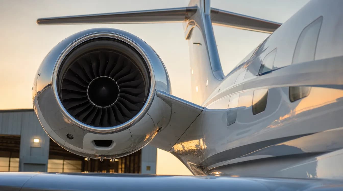 Close-up of a business jet engine fan during a pre-flight inspection outside the hangar
