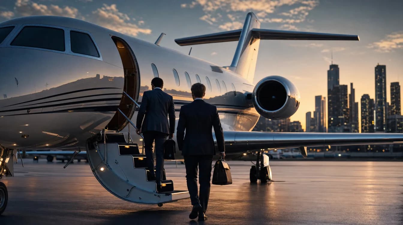 Two executives crossing the apron at dawn to board a waiting business jet charter