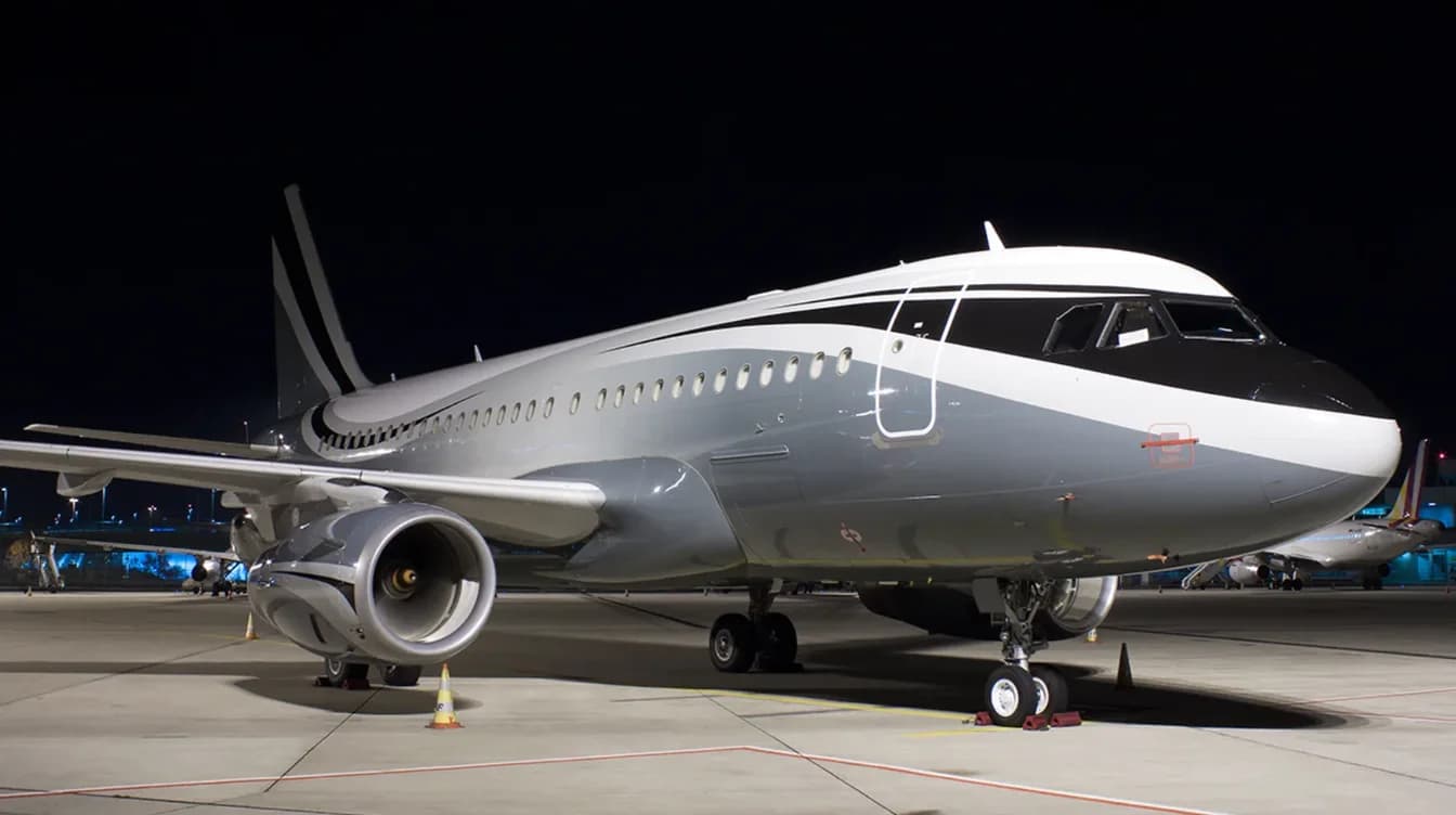 Airbus ACJ320neo parked on a floodlit ramp at night
