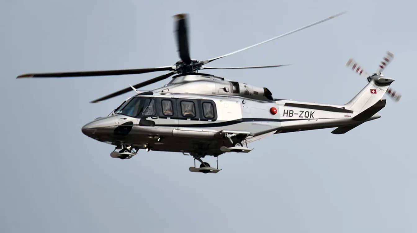 Leonardo AW139 twin-engine helicopter in flight, side view