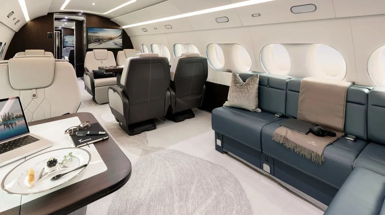 VIP airliner lounge with a laptop open on the desk, cream seating and a sofa beyond