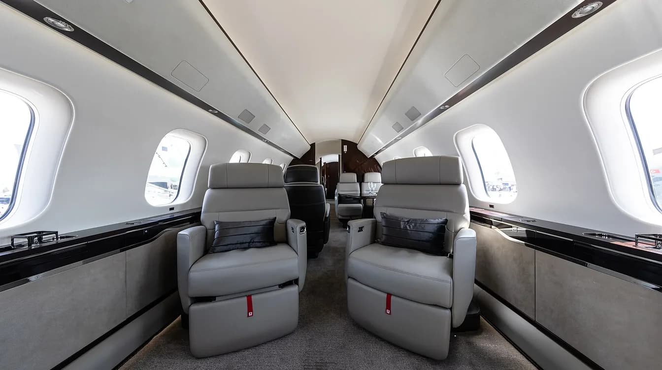 Bombardier Global cabin with grey leather club seats and open floor space