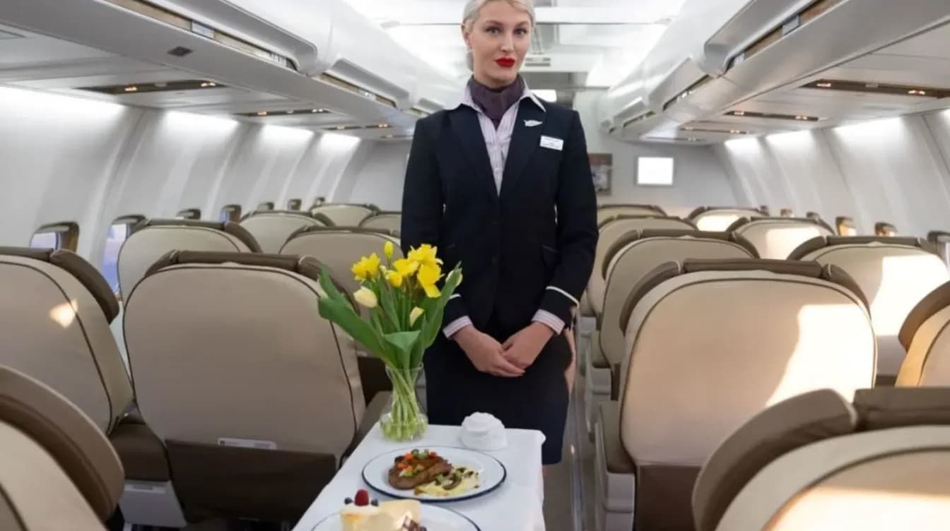 Cabin crew member standing in the aisle of a VIP airliner beside a served table