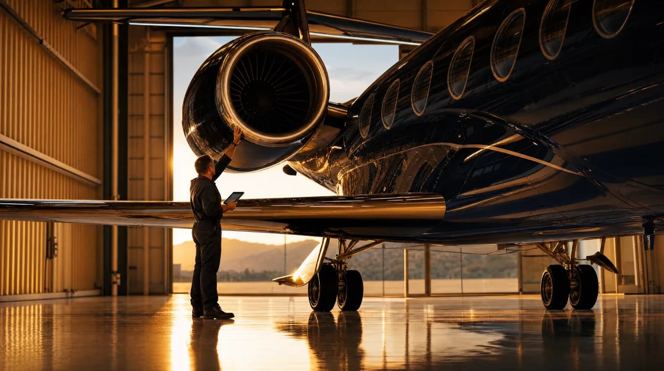 Engineer with a tablet inspecting the engine cowling of a managed business jet inside a hangar