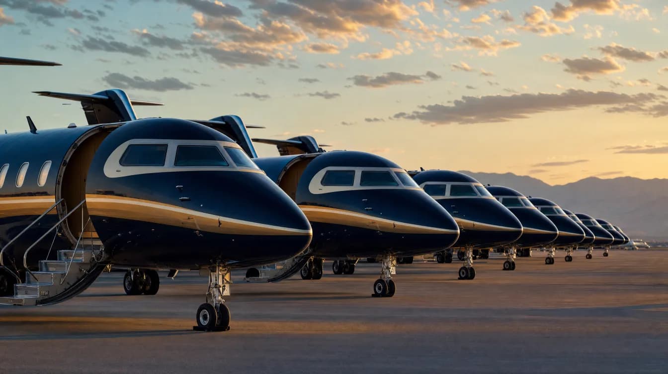 Row of identical super-midsize jets in matching livery on the ramp, the shared fleet behind fractional jet ownership