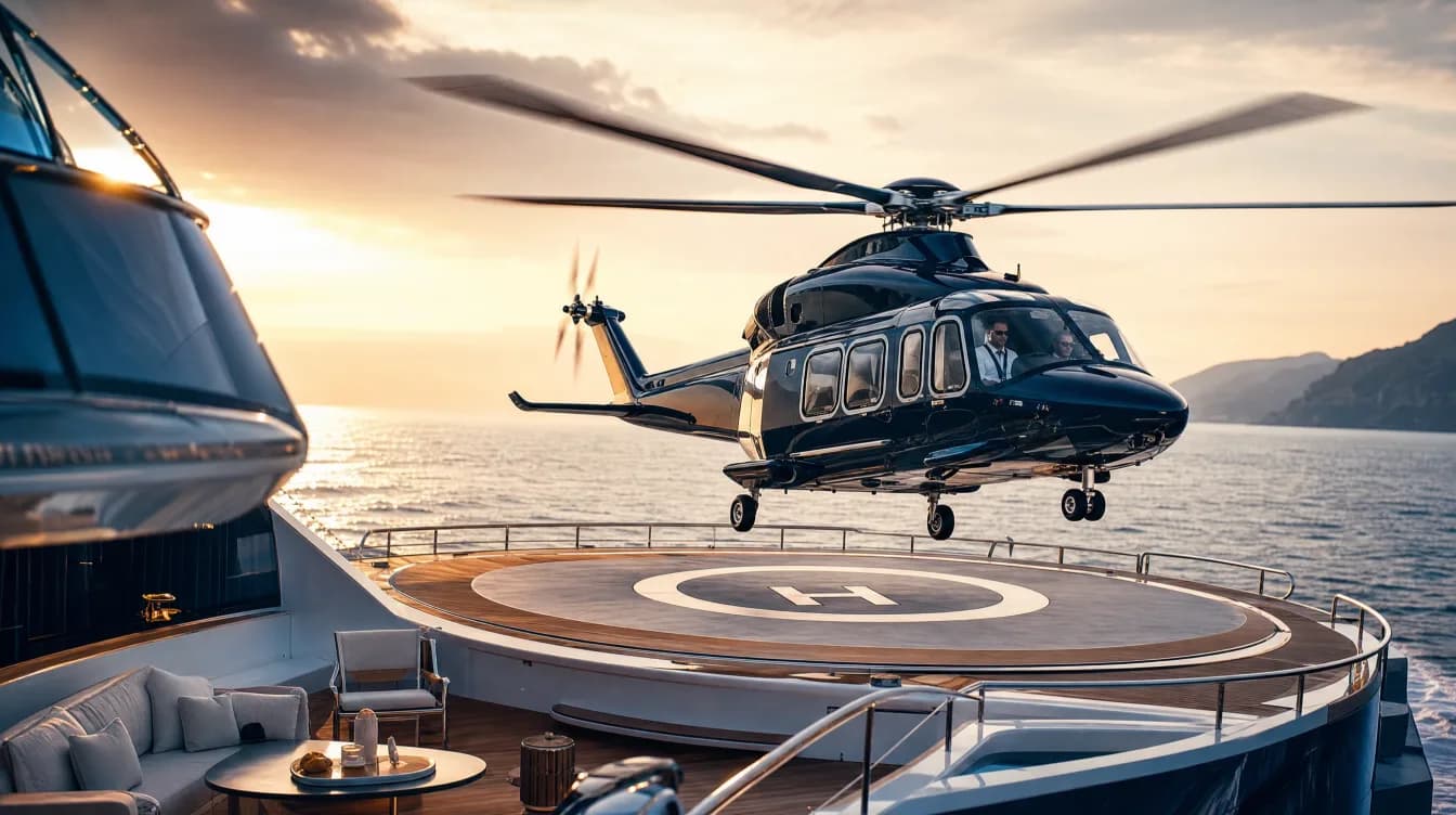 Twin-engine charter helicopter lifting off a yacht helideck at sea, crew visible in the cockpit