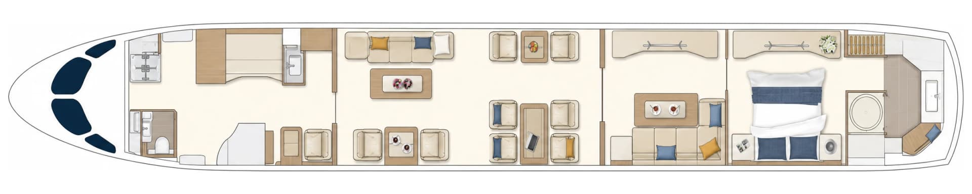 Airbus ACJ TwoTwenty 9H-FIVE cabin floor plan, seating configuration: forward galley and lavatory, open lounge with dining table for eight, club seating, aft lounge with facing divans and large screen, master suite with king bed and spa shower