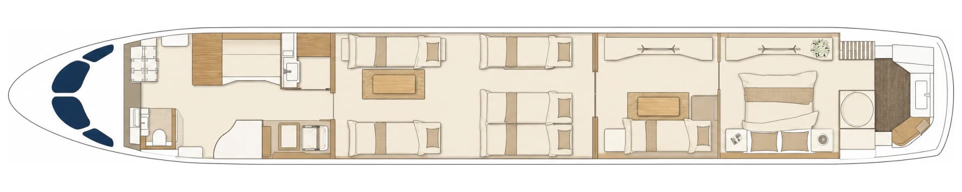 Airbus ACJ TwoTwenty 9H-FIVE cabin floor plan, sleeping configuration: lounge seating and divans converted to flat beds, king bed in the master suite