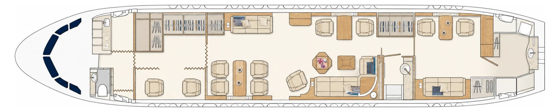 Airbus ACJ318 Elite Plus 9H-BDONE cabin floor plan, seating configuration: forward galley and wardrobes, club seating with tables, lounge with divans and armchairs, private quarters with bed and bathroom, aft lavatory