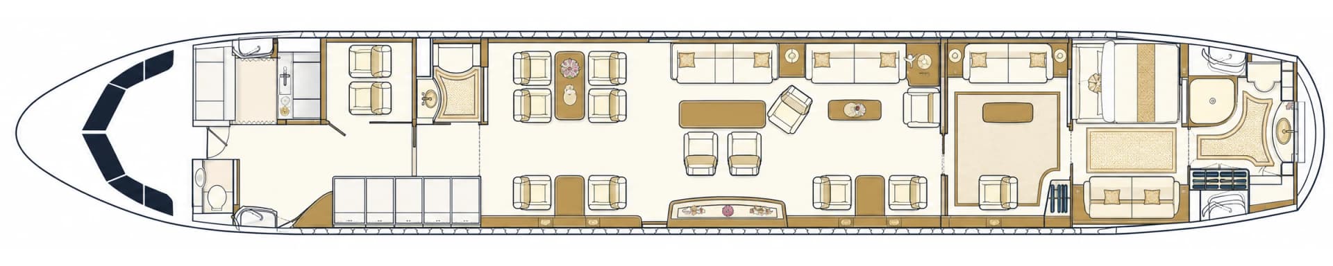 Airbus ACJ319 9H-TBN cabin floor plan, seating configuration: forward galley and crew rest, club seating, lounge with divans and dining table, private study, aft master suite with bathroom and shower