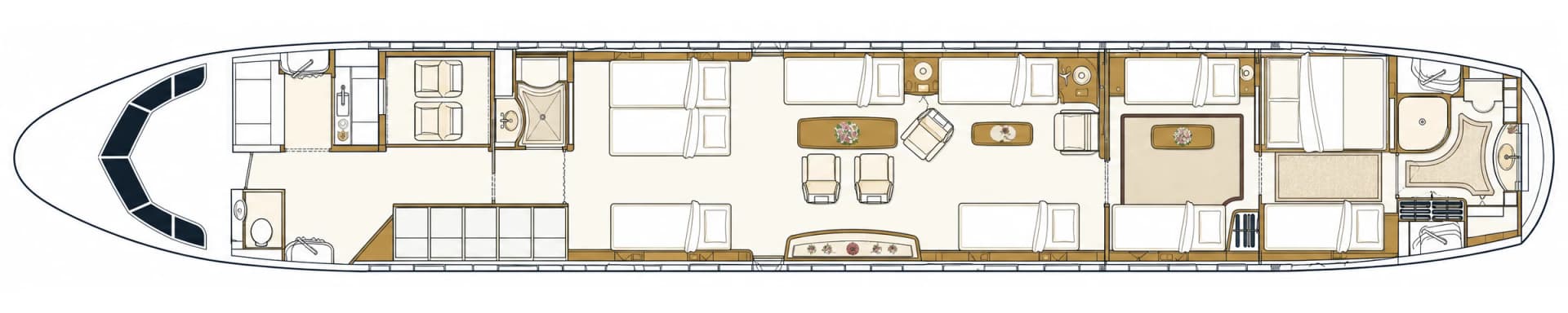 Airbus ACJ319 9H-TBN cabin floor plan, sleeping configuration: club seats and divans converted to flat beds, queen bed in the aft master suite