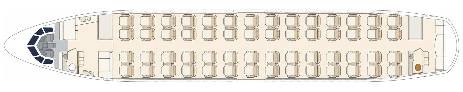 Boeing 737-500 BBJ 9H-MAC cabin floor plan, seating configuration: forward galley and lavatory, 56 leather seats in two-by-two rows, aft lavatory
