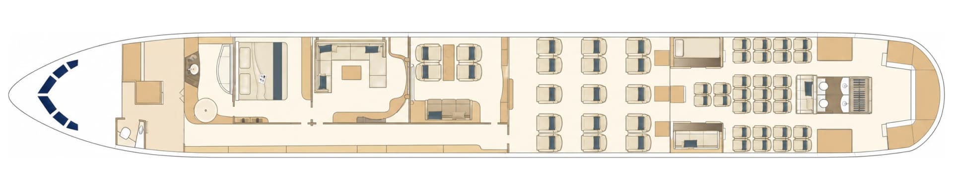 Boeing 767-200ER BBJ P4-CLA cabin floor plan, seating configuration: forward VVIP suite with bedroom, bathroom and lounge, executive club seating, premium-economy rows, galleys and lavatories