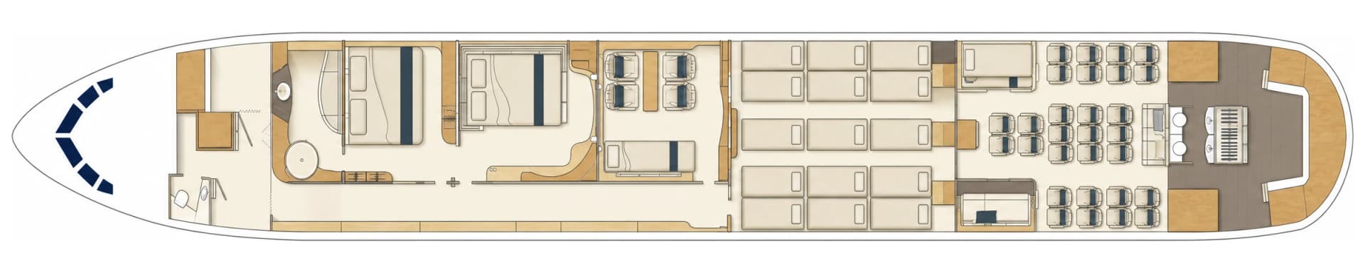 Boeing 767-200ER BBJ P4-CLA cabin floor plan, sleeping configuration: VVIP bedroom, executive seats converted to flat beds, premium-economy rows