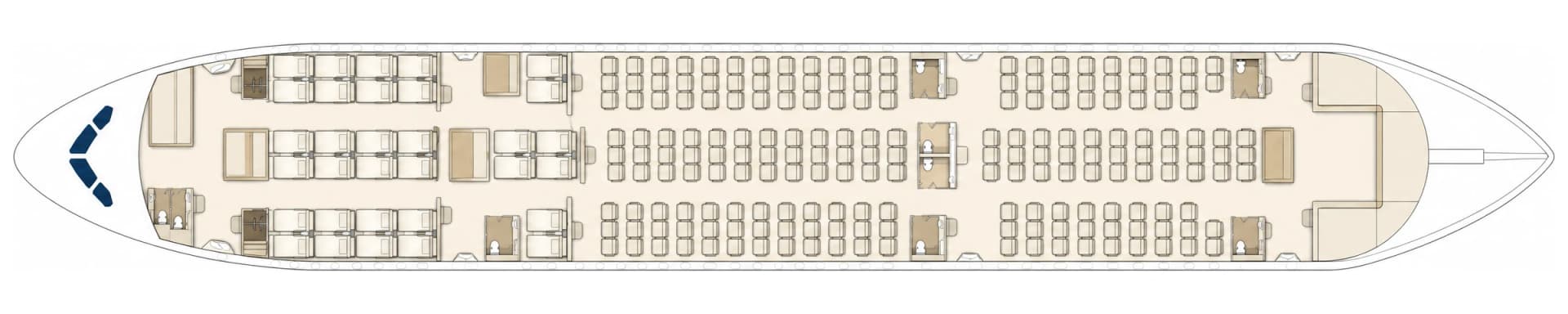 Boeing 787-8 P4-787 cabin floor plan, seating configuration: forward first-class cabin with 32 flatbed seats, economy cabin with 211 seats, galleys and lavatories between cabins