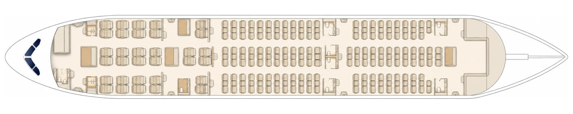 Boeing 787-8 P4-787 cabin floor plan, sleeping configuration: 32 first-class seats converted to flat beds, economy cabin aft