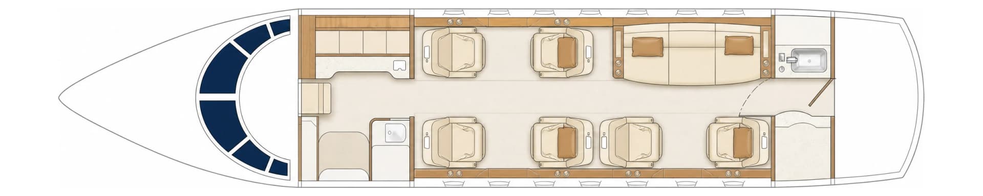 Bombardier Challenger 604 UP-CL602 cabin floor plan, seating configuration: forward galley, six club seats, three-place divan, aft lavatory