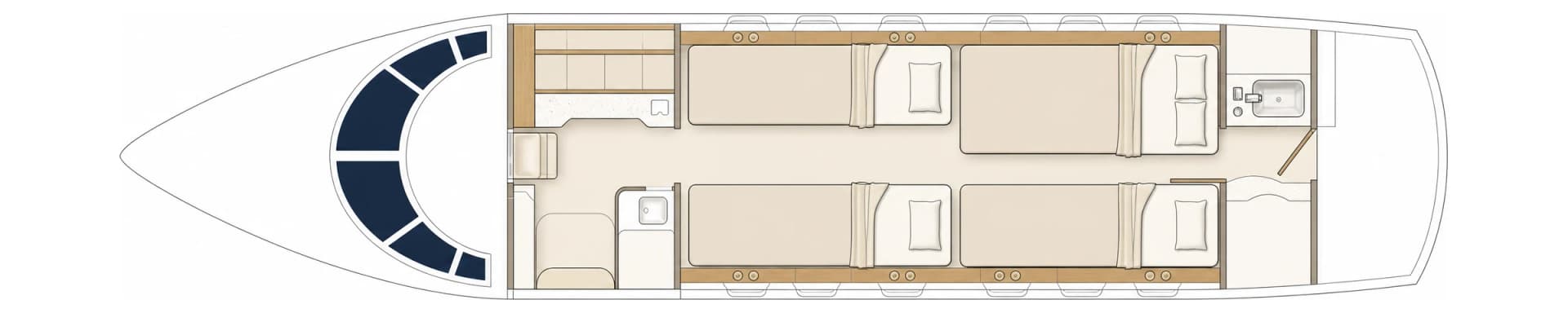 Bombardier Challenger 604 UP-CL602 cabin floor plan, sleeping configuration: club seats and divan converted to flat beds