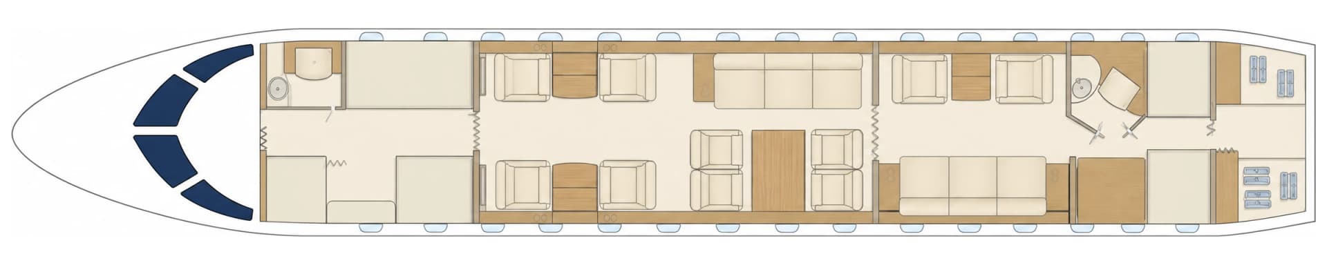 Bombardier Challenger 850 UP-C8505 cabin floor plan, seating configuration: forward galley and lavatory, two cabin sections with club seats and divans, conference grouping, aft lavatory and baggage