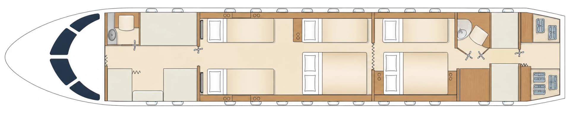 Bombardier Challenger 850 UP-C8505 cabin floor plan, sleeping configuration: club seats and divans converted to flat beds in both sections