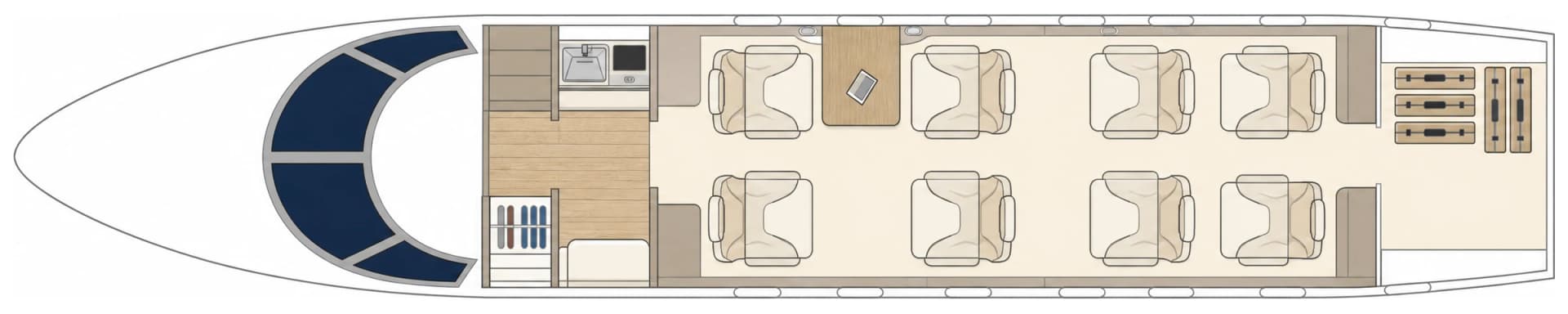 Pilatus PC-24 UP-PC002 cabin floor plan, seating configuration: forward galley and lavatory, eight club seats in two facing groups of four, aft baggage compartment